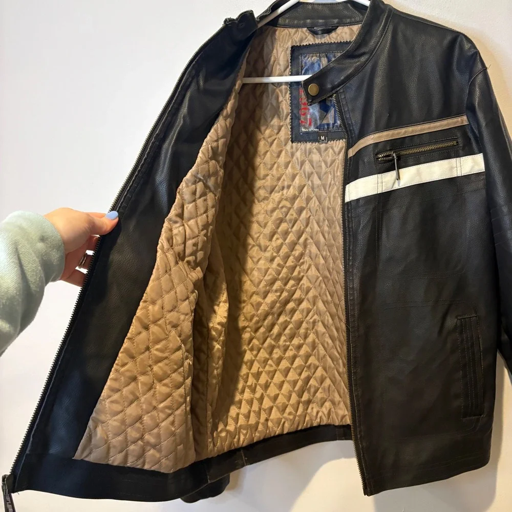 Y2K Whispering Smith Mens Faux Leather Motorcycle Jacket Black Size M Zip Pocket